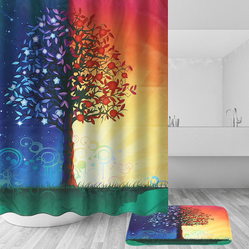 Day & Night Tree Shower Curtain Liner Bathroom Mat Set w/ Hooks Polyester Fabric