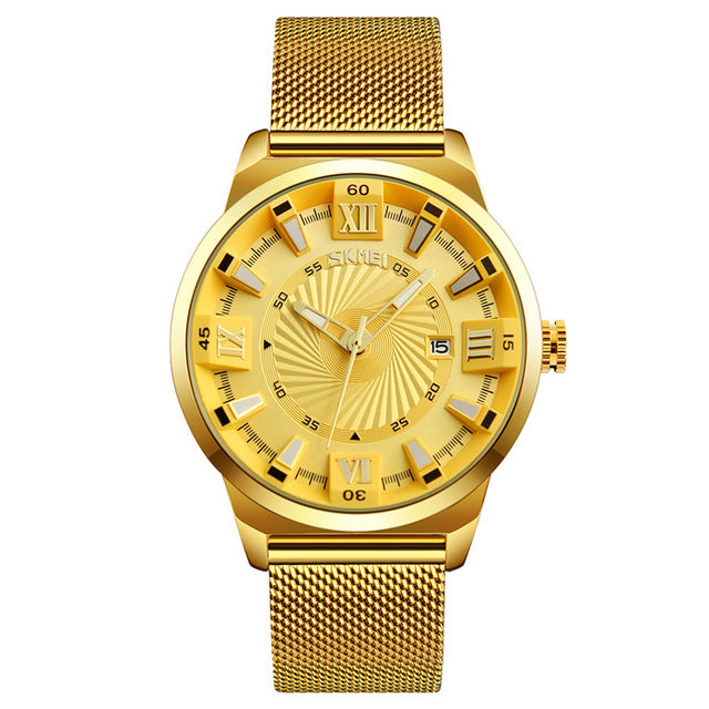 SKMEI 9166 Business Gold Stainless Steel Strap Date Display Waterproof Men Watch Quartz Watch