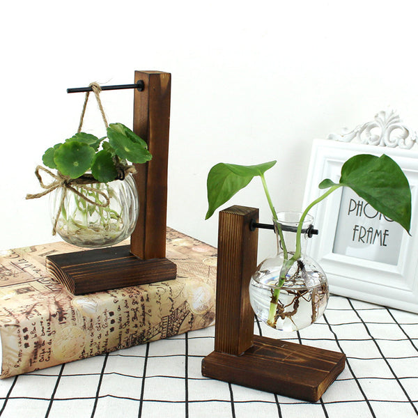 Wood Stand Iron Shelf Flower Vase Flower Pot Holder Crystal Glass Vase Home Decor