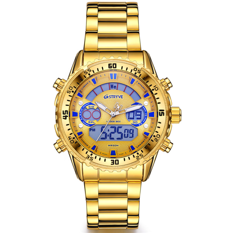 STRYVE S8020 LCD 5ATM Waterproof Week Display Full Steel Fashion Men Dual Display Digital Watch