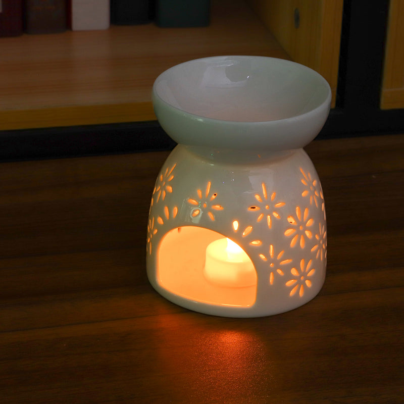 Ceramic Candle Holder Oil Incense Burner Wax Melt Warmer Daisy Design Tealight