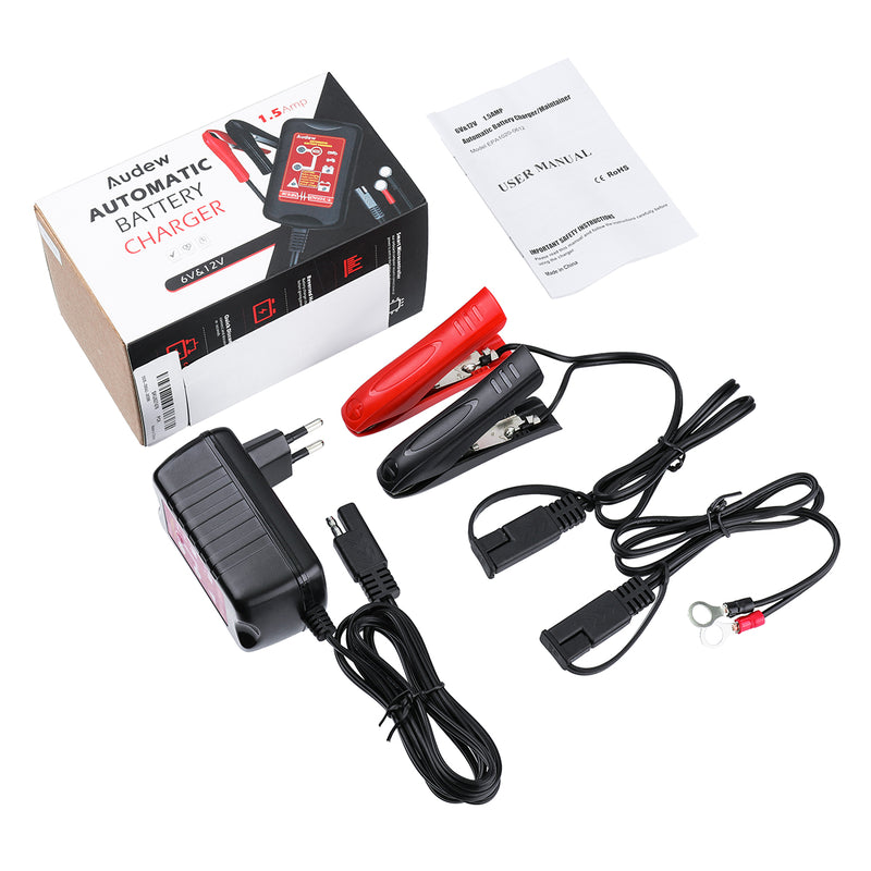 AUDEW 6V/12V 1.5Amp Intelligent AGM GEL WET Battery Charger Waterproof EU Plug