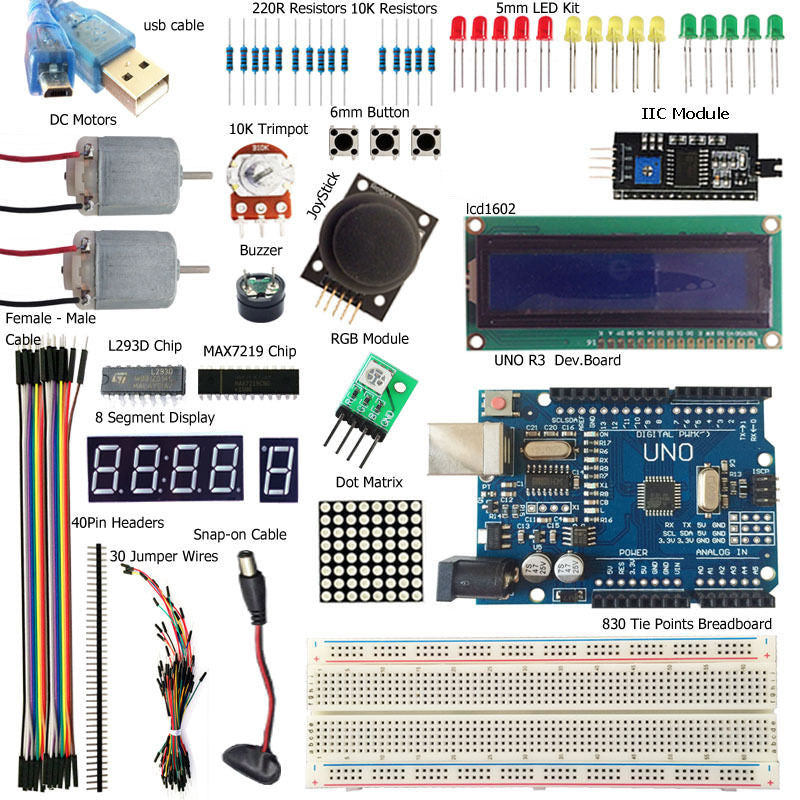 UNO R3 Starter Kits 1602 LCD L293D Motor LED Matrix MB102 Breadboard