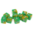 Pack of 10 Dual Colored Six Sided D6 Dice for D&D RPG Game Green & Yellow