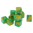 Pack of 10 Dual Colored Six Sided D6 Dice for D&D RPG Game Green & Yellow