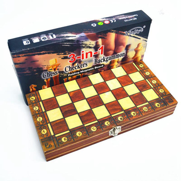 Wooden Chess Games Checker and Backgammon Set with Foldable Chessboard 34x34cm