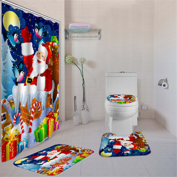 180X180 Santa Claus Christmas Gifts Shower Curtain with Hooks Waterproof Bathroom Carpet Set
