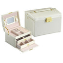 Jewelry Box with Drawer Handle Mirror PU Leather 3 Layer Storage Case Organizer