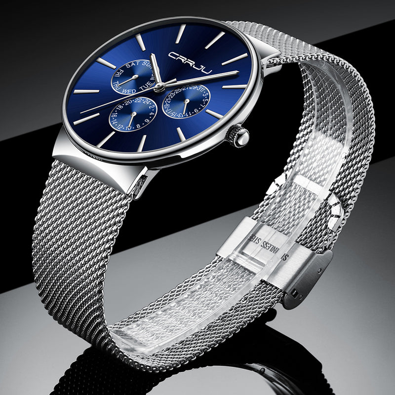 CRRJU 2155 Men Sapphire Blue Three Small Dial Calendar Fashion Steel Strap Casual Quartz Watch