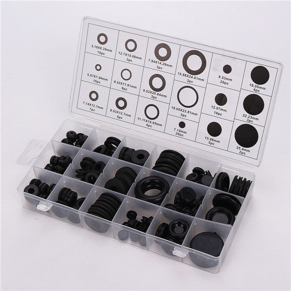 125pcs Wiring Cable Black Rubber Grommets Assortment Kit
