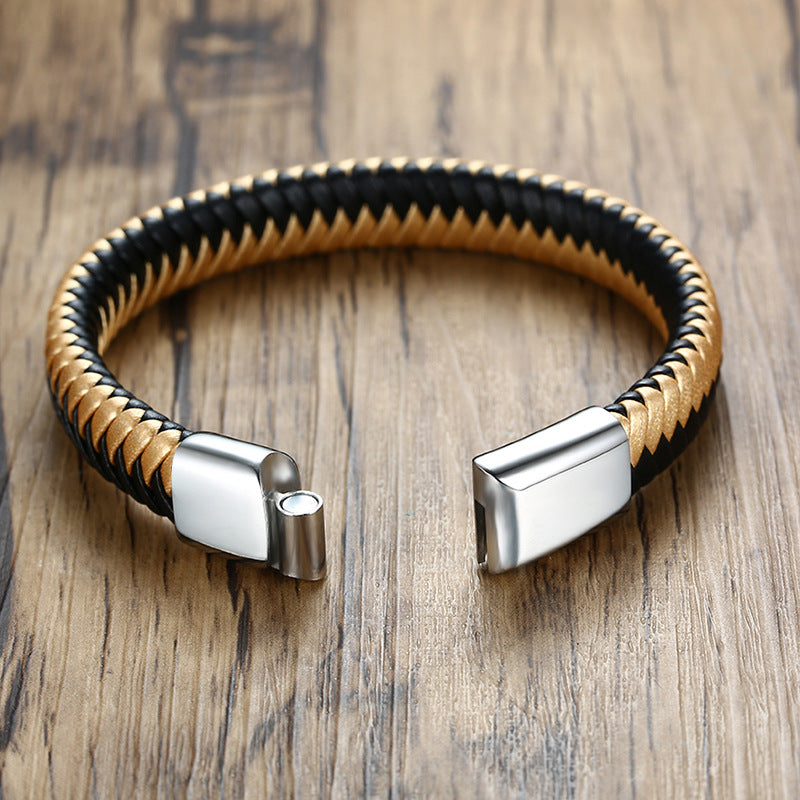Black Gold Leather Woven Bracelet Men's Stainless Steel Chain Magnet Buckle Men's Jewelry