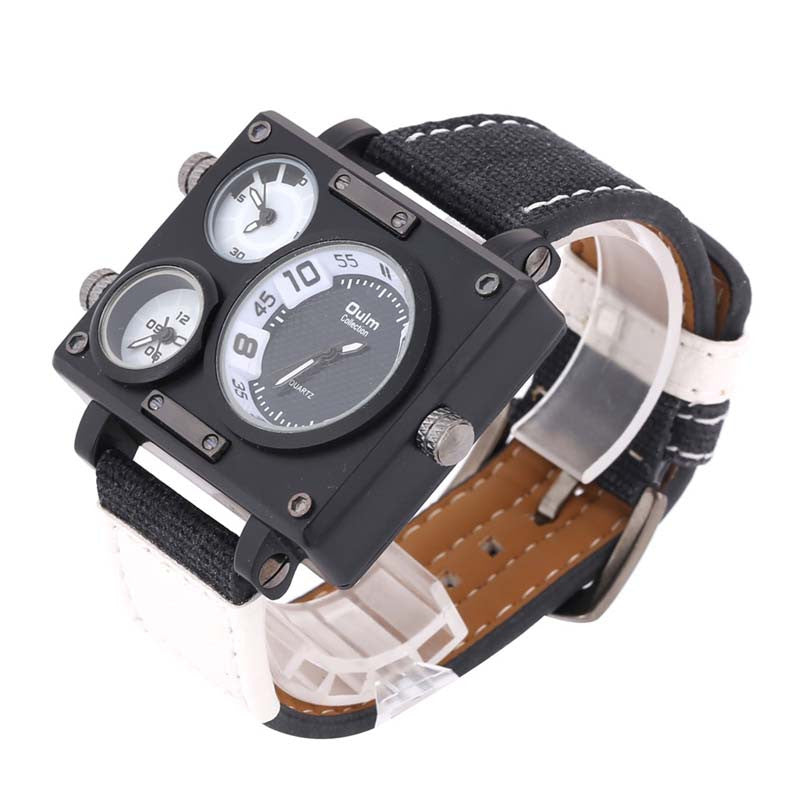 OULM 3595 Men Watch Fashion Three Time Zones Alloy Case Textile Watch Band Quartz Watch