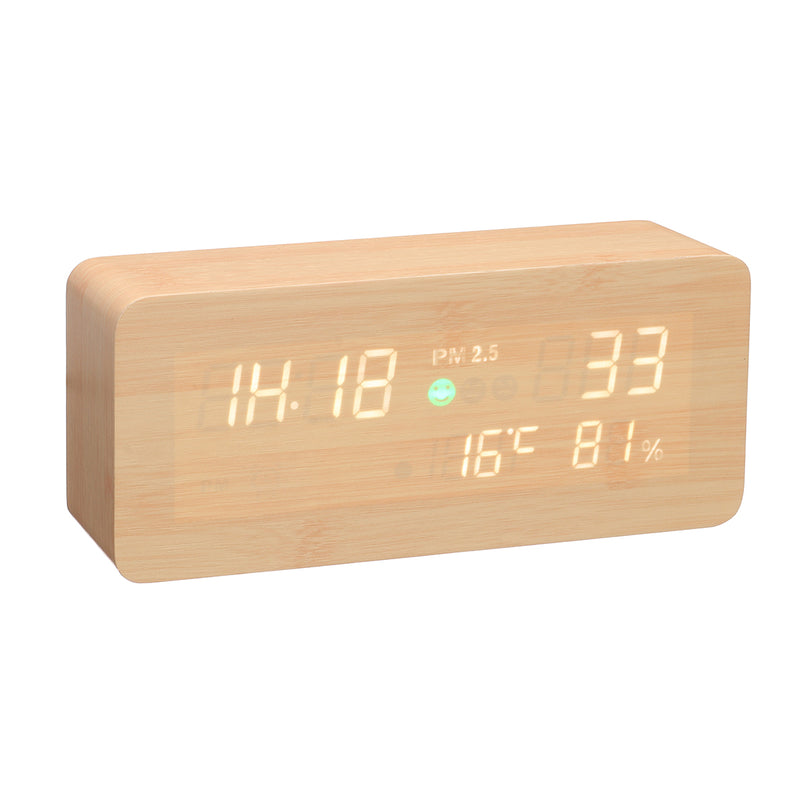 Wooden LED PM2.5 Air Detector Digital Alarm Clock Calendar Temperature Humidity Air Quality Tester