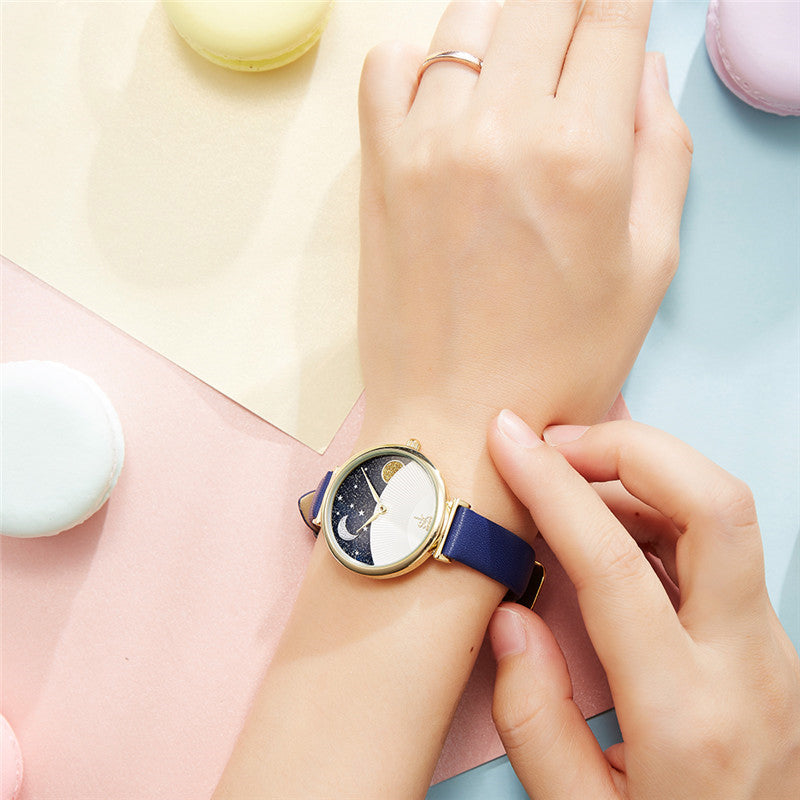 SHENGKE SK K0124 Starry Sky Good Night Stars Moon and Sun Patterns Fashion Women Leather Strap Quartz Watch
