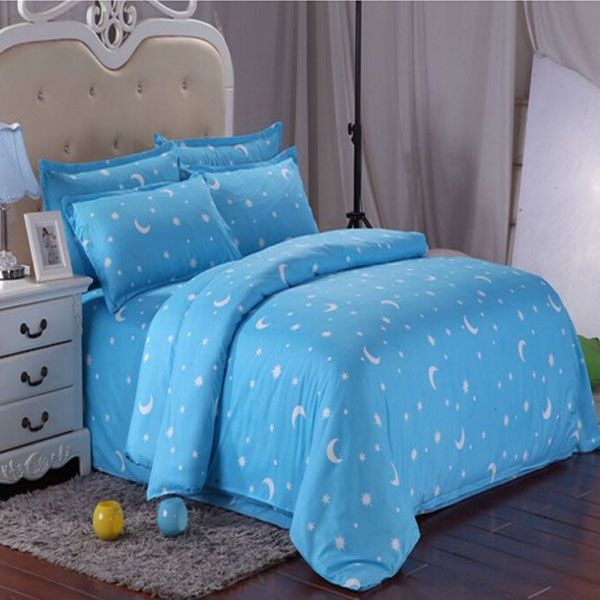 Cotton Blue Stars Moon Printing Bedding Set Bed Sheet Duvet Cover Pillowcase Single Queen King