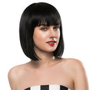 Fashion Natural Real Human Hair Black Full Head Wig Short Straight Flapper Bob Style Wig with Neat Bangs 33cm