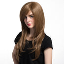 23inch Brown Silk Long Straight Wig with Side Bangs Layered Full Head Synthetic Heat Resistant Hair Wigs Free Wig Cap for Cosplay Party Costume