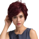 Trendy Women's Human Hair Short Fluffy Wigs Side Swept Bangs Pixie Cut Wigs for Daily Wear/ Party/ Cosplay - Wine Red