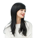 Natural Women's Side Bangs Long Straight Human Hair Heat Resistance Wig Daily Cosplay Costume Party Full Head Wigs Black