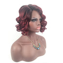 14" Women Short Wavy Bob Deep Curly Fluffy Synthetic Hair Wigs With Cap Dark Root Wine Red for Fashion Costume Party Cosplay