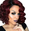 14" Women Short Wavy Bob Deep Curly Fluffy Synthetic Hair Wigs With Cap Dark Root Wine Red for Fashion Costume Party Cosplay