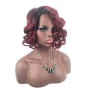14" Women Short Wavy Bob Deep Curly Fluffy Synthetic Hair Wigs With Cap Dark Root Wine Red for Fashion Costume Party Cosplay