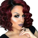 14" Women Short Wavy Bob Deep Curly Fluffy Synthetic Hair Wigs With Cap Dark Root Wine Red for Fashion Costume Party Cosplay