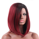 Bob Straight Ombre Women Lady Synthetic Hair Wigs + Cap for Costume Party Daily Wear Cosplay Wine Red Black Root 16 inches Shoulder Length