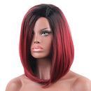 Bob Straight Ombre Women Lady Synthetic Hair Wigs + Cap for Costume Party Daily Wear Cosplay Wine Red Black Root 16 inches Shoulder Length