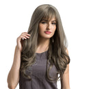26" Women Long Natural Wavy Curly Synthetic Hair Wigs Bang + Cap Flaxen Grey