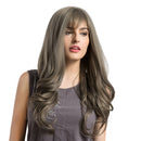 26" Women Long Natural Wavy Curly Synthetic Hair Wigs Bang + Cap Flaxen Grey
