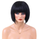HEAT RESISTANT Black Straight Bangs Bob Style 100 % Real Human Hair Wigs +Cap for Women Ladies Cosplay Party Daily Use Costume 12 inches