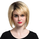 Natural Charming Women Human Hair Fluffy Short Dark Root Light Blonde Full Head Wigs for Parting Cosplay Fancy Dress with Bangs