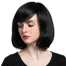 14'' HEAT RESISTANT Short Side Bangs 100% Straight Bob Real Human Hair Wigs With Cap for Women Girls Cosplay Party Daily Use Black
