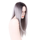 22" Women Girls Coaplay Synthetic Long Straight Hair Middle Part Natural Wig with Free Cap Gradient Grey