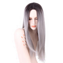 22" Women Girls Coaplay Synthetic Long Straight Hair Middle Part Natural Wig with Free Cap Gradient Grey