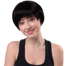 Ladies Fluffy Human Hair Short Full Wigs, Natural Black Straight Hairpieces with Bangs, Cosplay Party Costume Wedding Use, Heat Safe