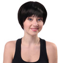 Ladies Fluffy Human Hair Short Full Wigs, Natural Black Straight Hairpieces with Bangs, Cosplay Party Costume Wedding Use, Heat Safe