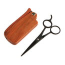 Mens Natural Wood Foldable Handle Beard Comb + Facial Grooming Nose Ear Eyebrow Hair Scissors + Storage Pouch Kit
