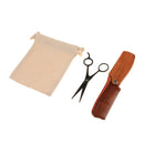 Mens Natural Wood Foldable Handle Beard Comb + Facial Grooming Nose Ear Eyebrow Hair Scissors + Storage Pouch Kit
