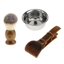 Men Shaving Grooming Kit - Stainless Steel Cup Bowl+Leather Straight Safety Razors Holder+Nylon Brush