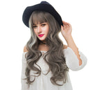 24" Women Long Natural Wavy Curly Synthetic Hair Wigs With Cap Flaxen Grey