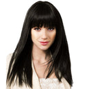 Long Black Human Hair Full Wig Straight Hairpieces With Bangs Heat Safe 48CM