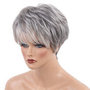 Cool Design Short Straight Wigs with Bangs Silver Gray Color Heat Perm OK 70% Real Human Hair Full Head Women Wigs,Pixie Cut Layer Wig
