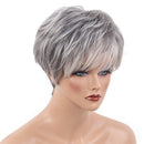 Cool Design Short Straight Wigs with Bangs Silver Gray Color Heat Perm OK 70% Real Human Hair Full Head Women Wigs,Pixie Cut Layer Wig