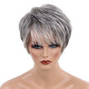 Cool Design Short Straight Wigs with Bangs Silver Gray Color Heat Perm OK 70% Real Human Hair Full Head Women Wigs,Pixie Cut Layer Wig