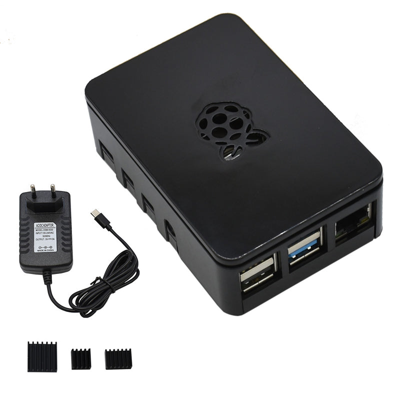 Updated ABS Enclosure Box V4 Case+5V/3A EU Standard Plug Power Supply+3*Black Heat Sink Set for Raspberry Pi 4