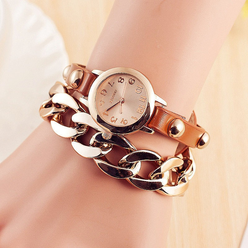 Fashion Women Winding Bracelet Watch Leather Band Ladies Dress Quartz Watch