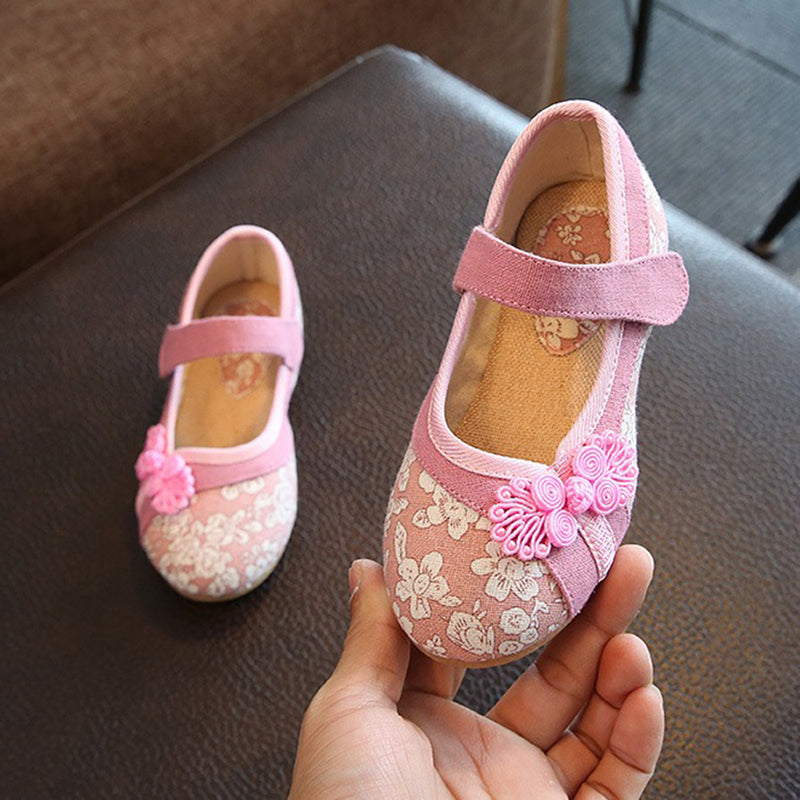 Girls Folkways Embroidered Stitching Hook Loop Flat Cloth Shoes Baby Shoes