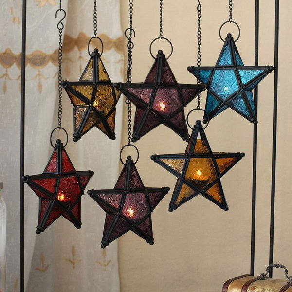 Glass Pentagram European Style Iron Art Hanging Candle Holders Colorful Star Home Decor Light